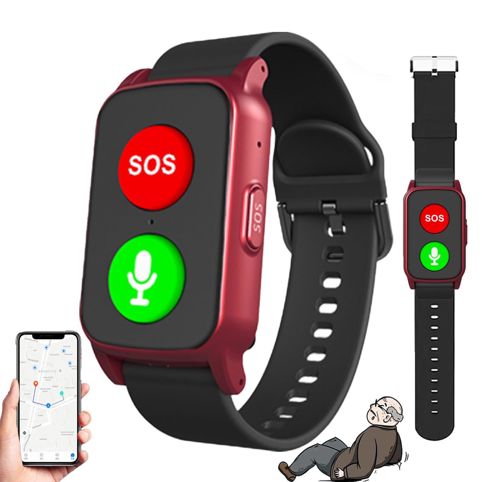 Mothdust Reloj Alarma Anticaidas para Ancianos Localizador GPS Soporte Tarjeta SIM Monitor de Salud Llamada Bidireccional Regalos para Personas Mayores y Autismo Boton SOS(Red)
