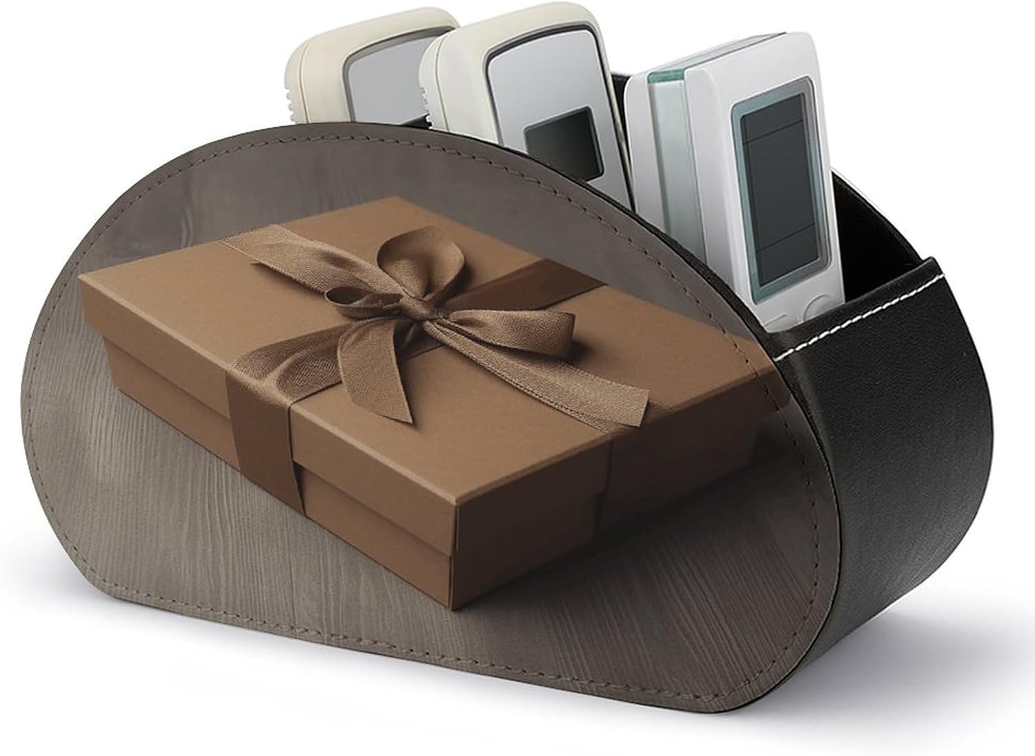 Brown Gift Box PU Leather Remote Control Holder,Remote Caddy Multifunctional Storage with 5 Compartments, Desktop Organizer for TV Remotes,Glasses,Pens,Accessories