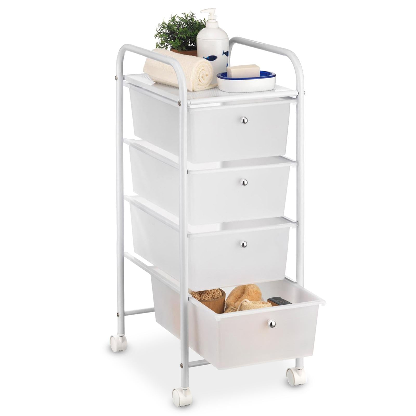 IDIMEX Caisson sur roulettes GINA Chariot avec 4 tiroirs en Plastique Blanc Transparent et 1 étagère, Meuble de Rangement pour Salle de Bain en métal laqué Blanc