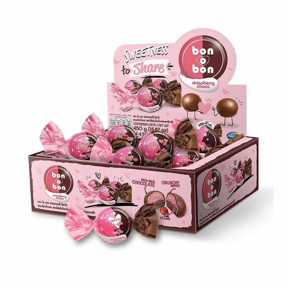 Bon o Bon Strawberry Choco (15g x 24 Bonbons) Strawberry and Chocolate-Filled Bonbons with Crunchy Wafer