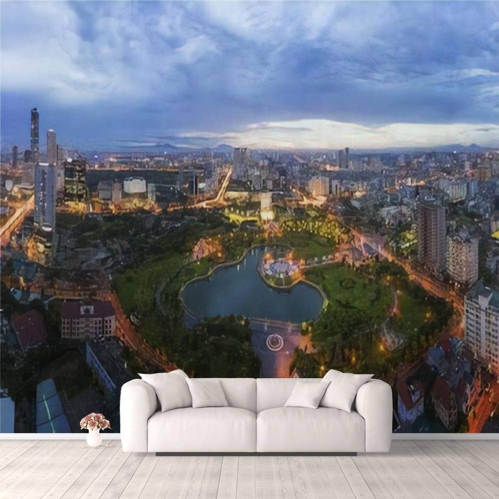 Modern 3D PVC Design Removable Wallpaper for Bedroom Living Room Hanoi skyline cityscape at twilight period Aerial view of Cau Giay Wallpaper Stick and Peel Wall Stickers Home Decor 100 * 144’’