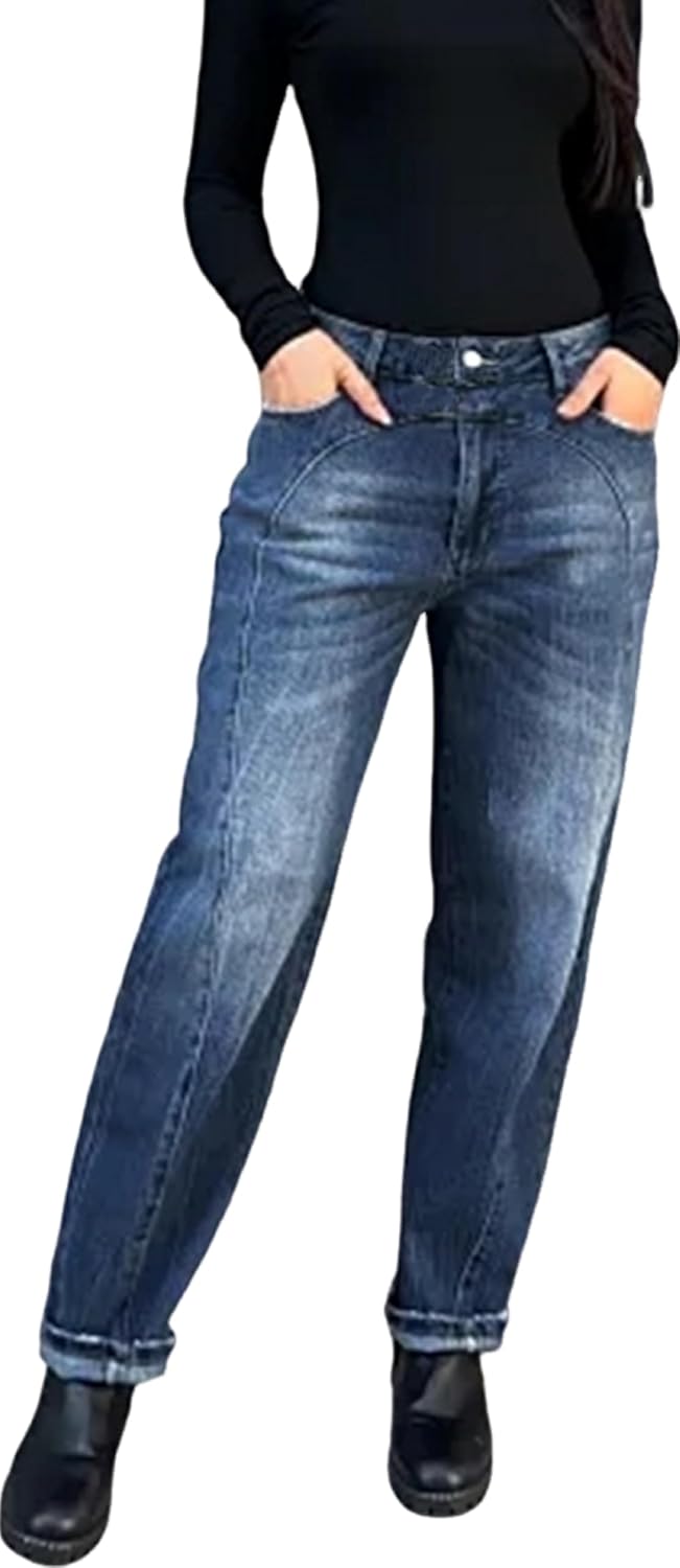 Huang's Women's Relaxed Fit Distressed Jeans Straight Denim Pants