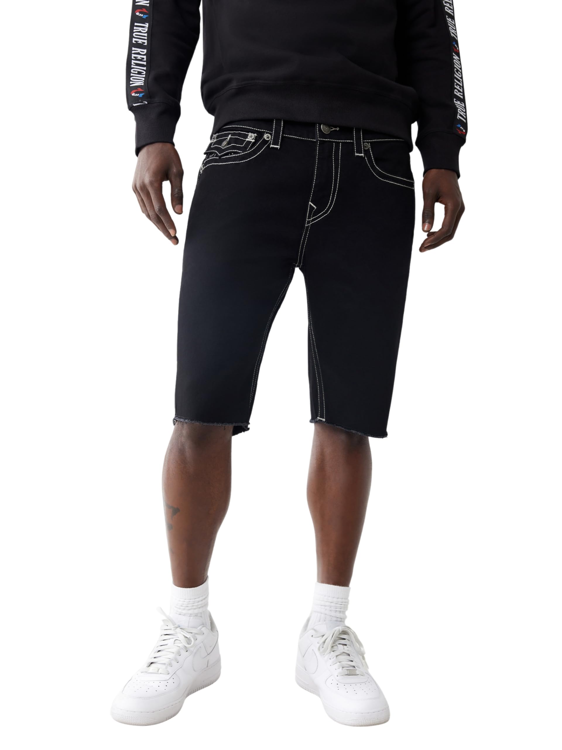 True Religion Men's Ricky SN Flap Black Short Fray Hem | Black Denim Shorts with Frayed Hem, Black Rinse, 36 Short