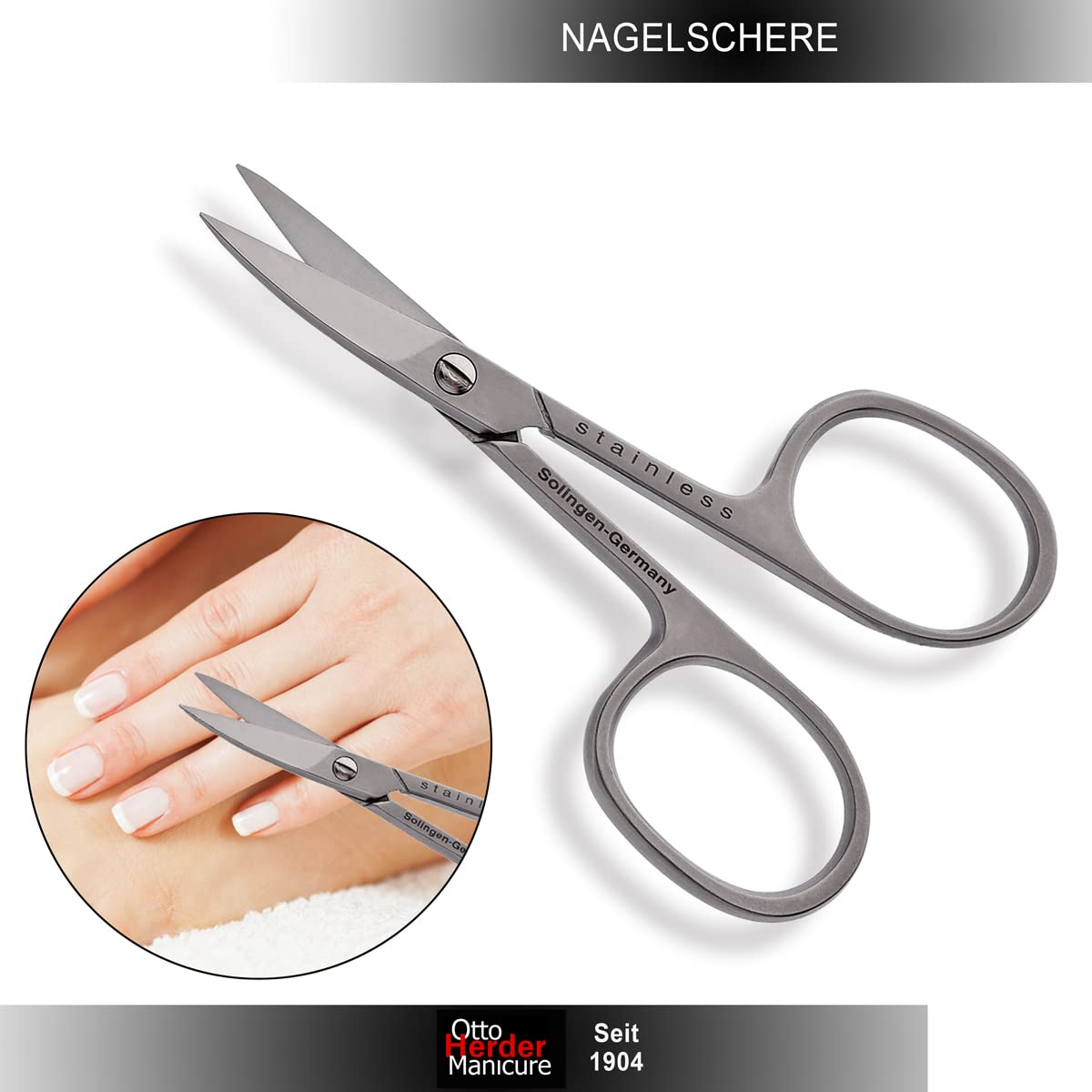 OTTO HERDER Solingen Ciseaux à ongles, incurvés, extra tranchants, 9 cm, avec coupe courbée/micro-denture, simple face en acier inoxydable, pour ongles des mains et des pieds