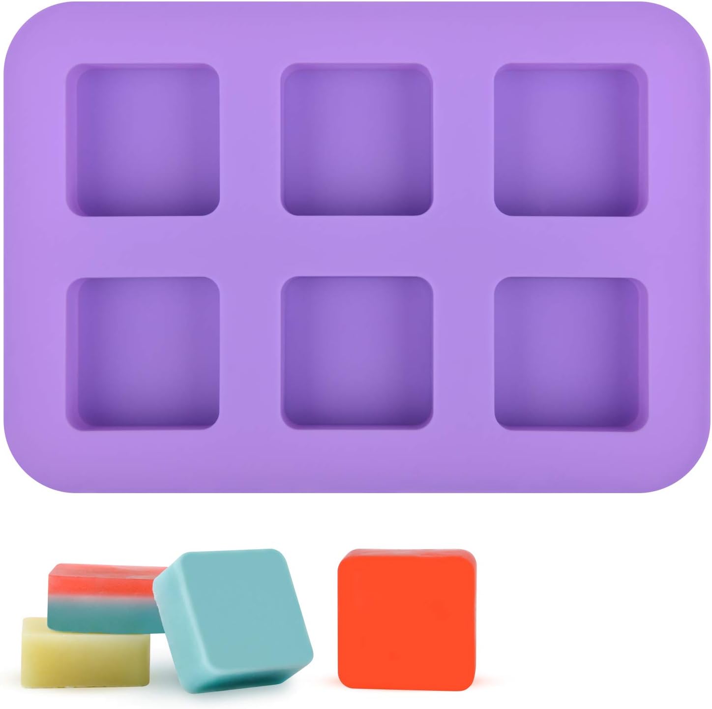 6 Cavities Silicone Molds for Soap Making, Reusable and Flexible Silicone Soap Molds for Customized Making Soap at Home, Easy to Release and BPA Free, Pack of 1 (Purple, Square)