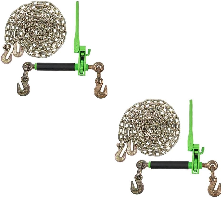 Mytee Products 2 Pack 5/16" - 3/8" Hi-Viz Green Heavy Duty Folding Handle Ratchet Load Binder w/Grab Hook 7,100 lbs WLL & 2 Pack 5/16"x 12' Grade 70 Binder Chain w/Clevis Grab Hooks 4,700 Lbs WLL