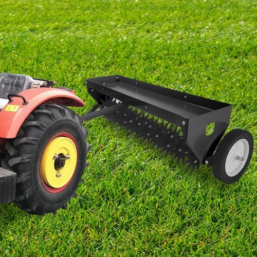 Tow Behind Aerator, 40 Inch Plug Aerator with Universal Hitch, Durable Lawn Aerator Soil Penetrator Tractor with Transport Wheels, Steel Teeth, Tray, Suitable for Lawn, Farm and Garden, Black