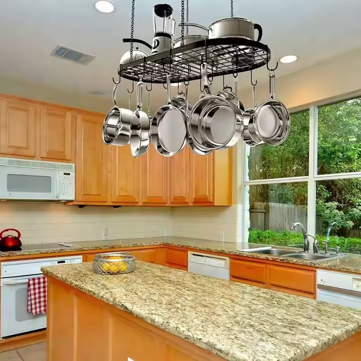 FMP 888 Hanging Ceiling Pot Rack-Heavy Duty Black Oval Kitchen Storage Shelf with 15 Removabl Hooks for Pots and Pans-Overhead Mounted Organizer,Complete with Heat Resistant Gloves