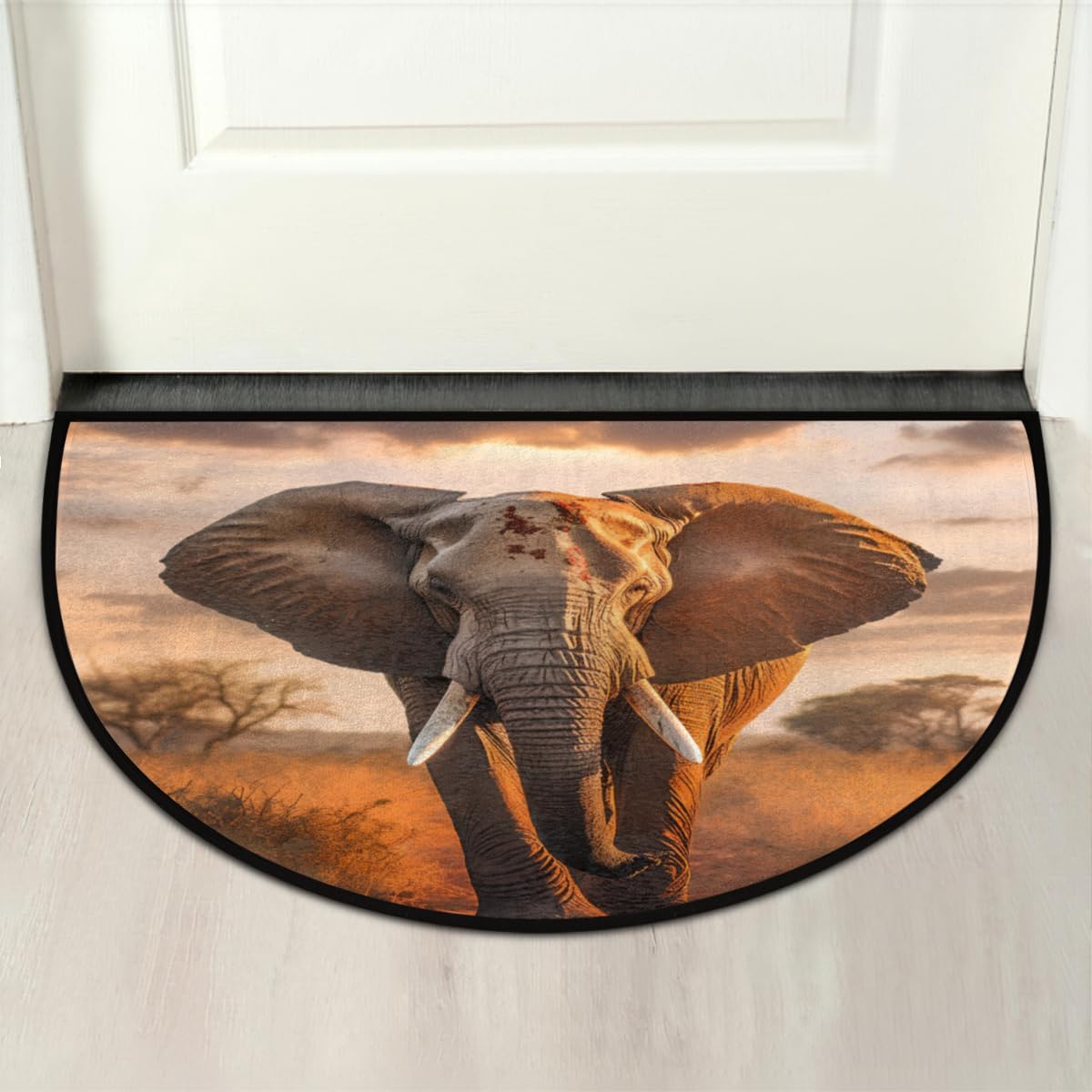 Half Round Door Mat, Non-Slip Entrance Welcome Mat for Indoor Semi Circle Bathroom Floor Rugs Outdoor Mats House Entry Way Heavy Duty Doormat for Kitchen Living Room 36x24 Inch African Elephant