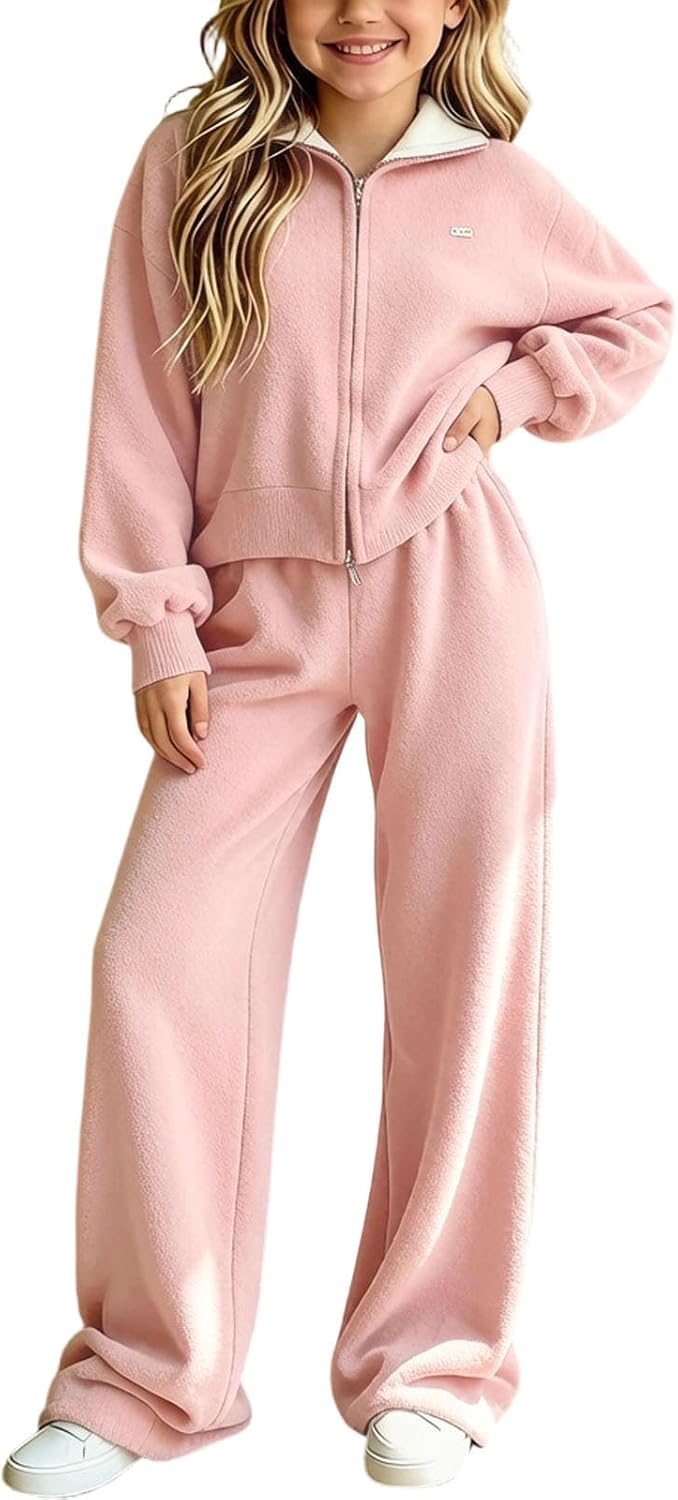 Girls 2 Piece Full Zip Jacket Wide Leg Pants Tracksuit Set