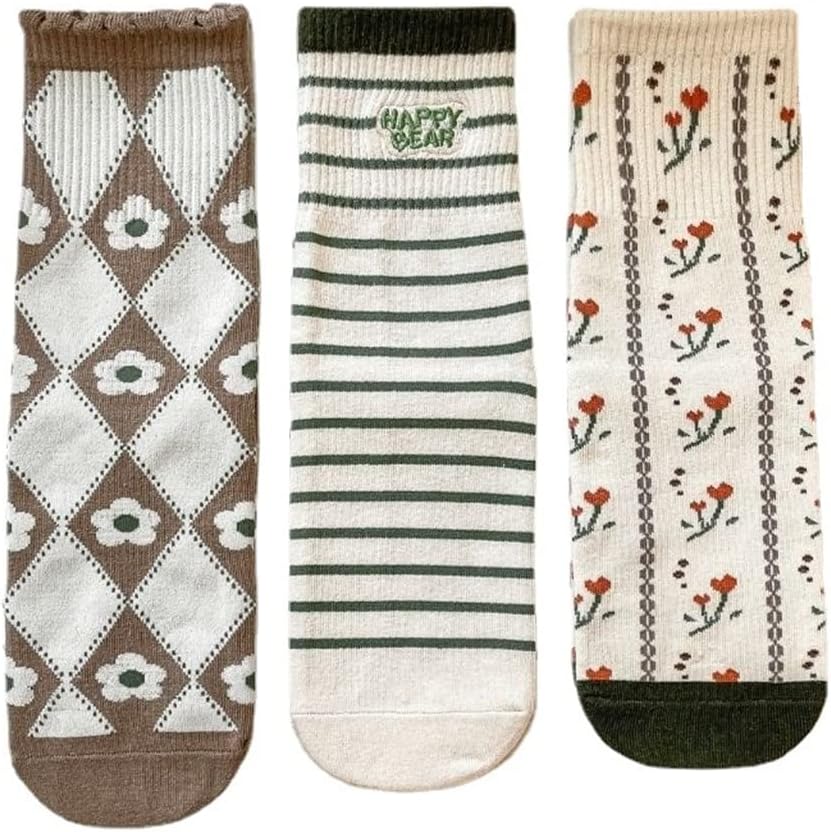 Autumn Winter Long Staple Cotton Socks Striped Plaid Lace Embroidery Casual Women's