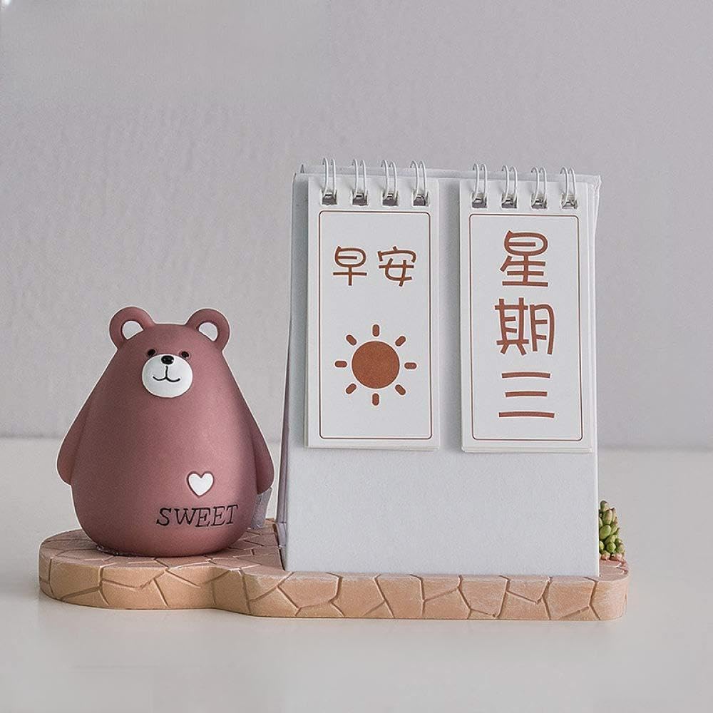 Petite statue ours rose et calendrier de bureau en résine pour déco intérieure