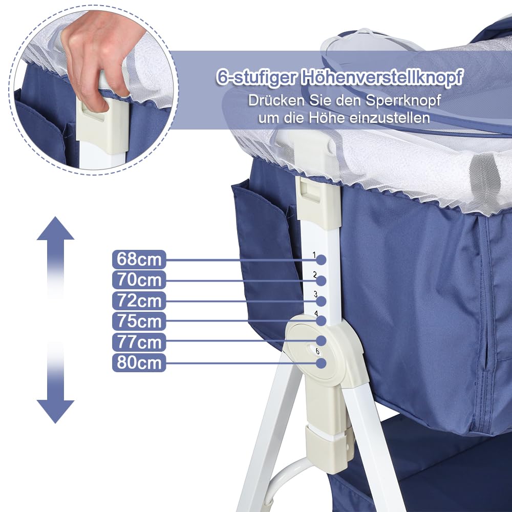Cuna 3 en 1 de Viaje con Ruedas y colchón,Cuna colecho pórtatil Regulable en Altura a 5 velocidades, Cuna con Bolsillo Lateral de Transporte, para Bebés de 0-5 Meses (95x50x98 - 110cm (azul azafrán))