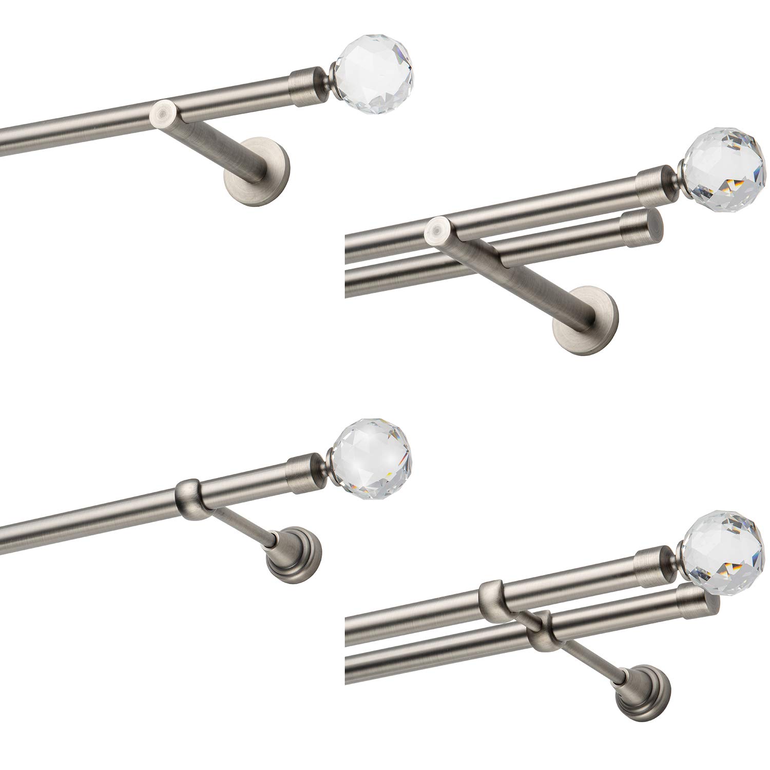MDEKOR Tringle à rideau 19 mm - 1 voie / 2 voies - Acier antique - 120-600 cm - Boule cristal (acier antique, boule en cristal, 1 voie P, 140 cm)