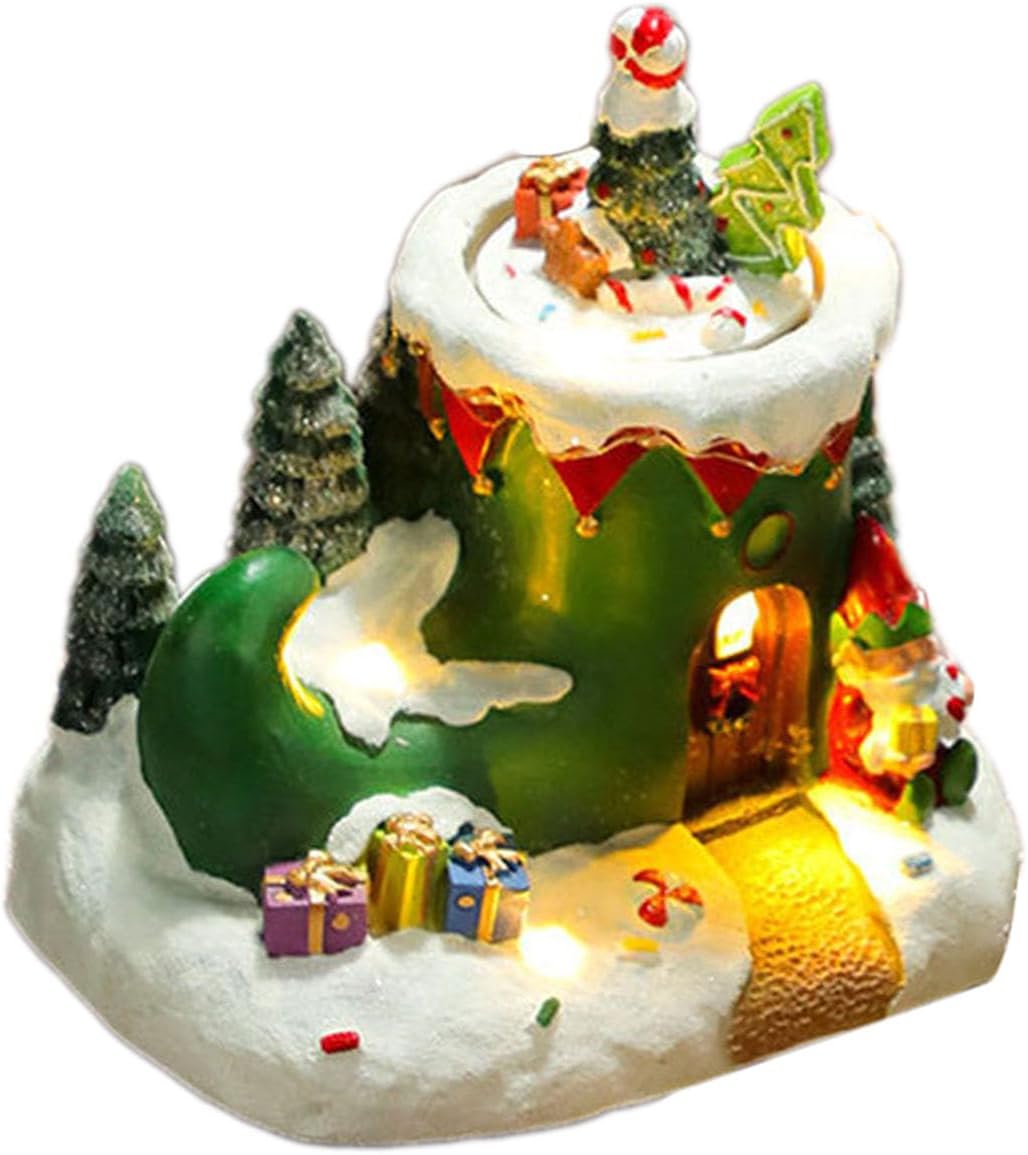 ミュージカルクリスマスビレッジハウス樹脂オーナメント LEDライトと回転フィギュア ホリデーパーティー デスクトップデコレーション