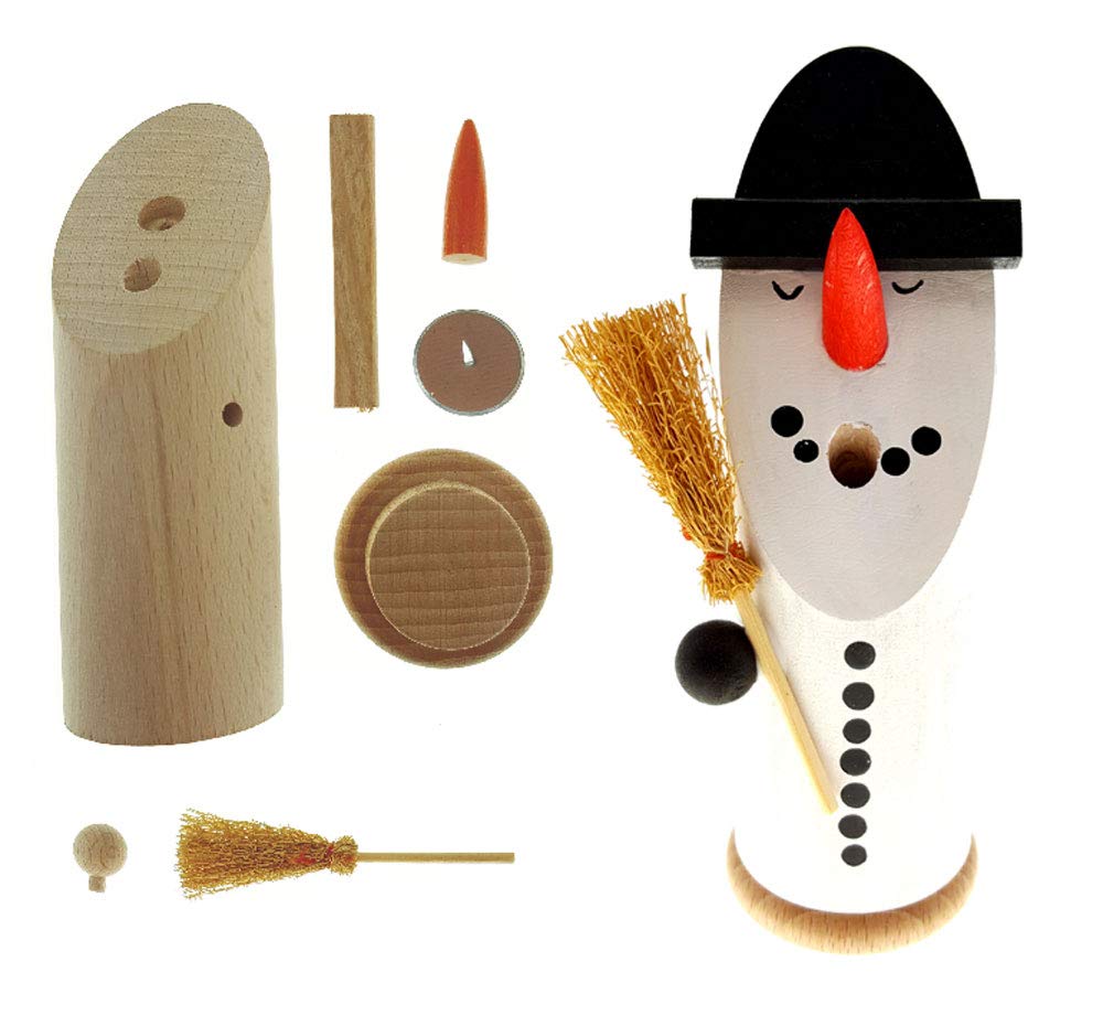 Hess Holzspielzeug 40022 – Craft Set Incense Smoker 7 Pieces, Made of Wood, Design Snowman with Broom, Approx. 13 cm, Decoration for Advent and Christmas Season from the Ore Mountains