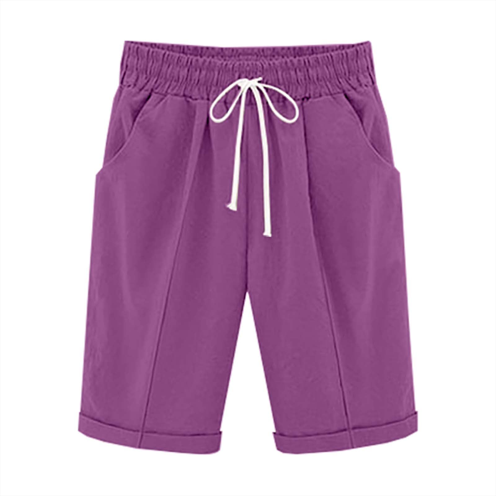 Straight Leg Shorts for Women Cotton Linen Drawstring Elastic Waist Short Pants Casual Leisure Comfy Bermuda Shorts(#02 Purple,Small)