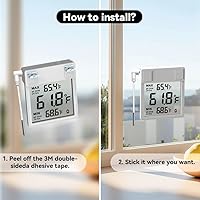 Vista 6 de Termómetro Digital de Ventana, Termómetro para Exteriores con Gran Pantalla LCD, Registro de Máximo/Mínimo, Fácil de Pegar, Alimentado por Batería