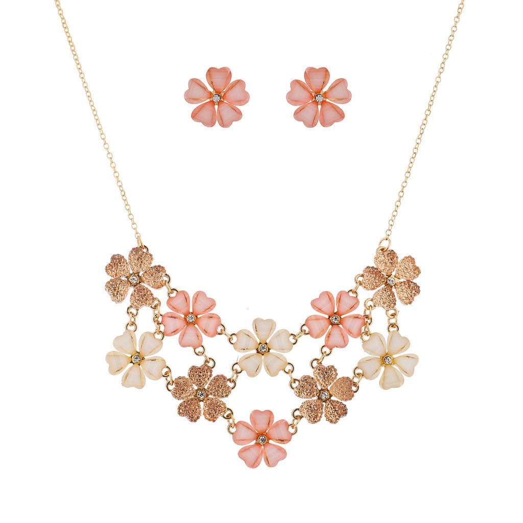 Lux AccessoriesIvory Peach Glitter Flower Floral Statement Necklace Earring Set