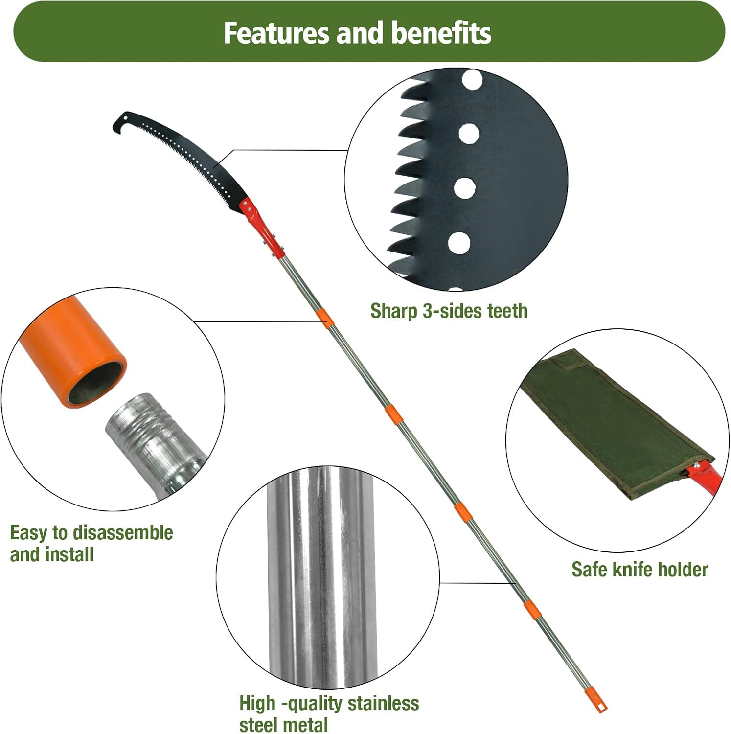 Scalebeard 7.8 Foot Pole Saws for Tree Trimming, Manual Pruner Cutter Set with Long Extension Pole, Tree Branch Garden Tools Loppers Hand Pole Saws