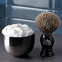 Vista 3 de Brocha de Afeitar con pelo de tejón con soporte – Rocky Mountain Barber 100% mejor de grado barbero con mango negro grande resistente de resina