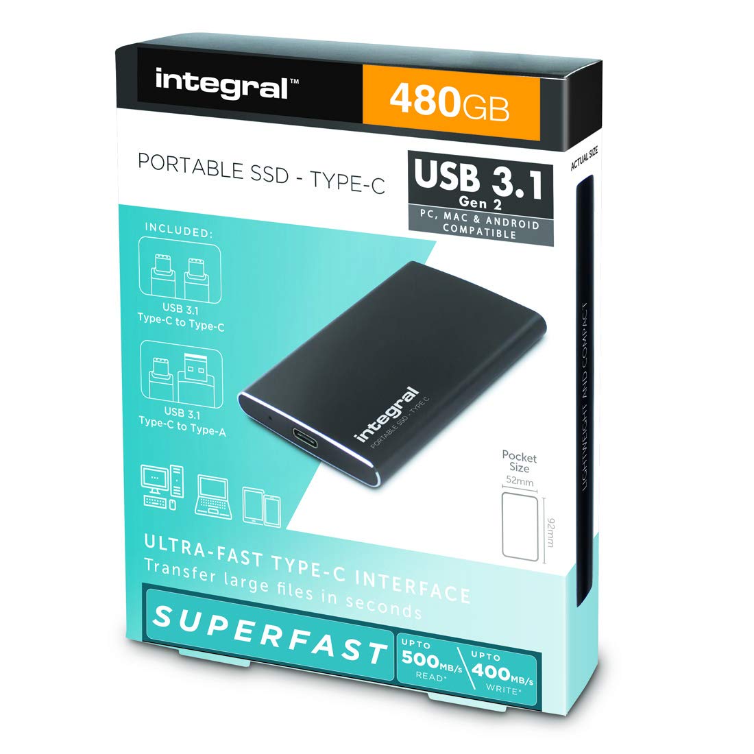 Integral SSD Portatile 480 GB – Disco Rigido Esterno USB 3.1 E Tipo C, Ultra Compatto, Antiurto, 500 MB/s - 2