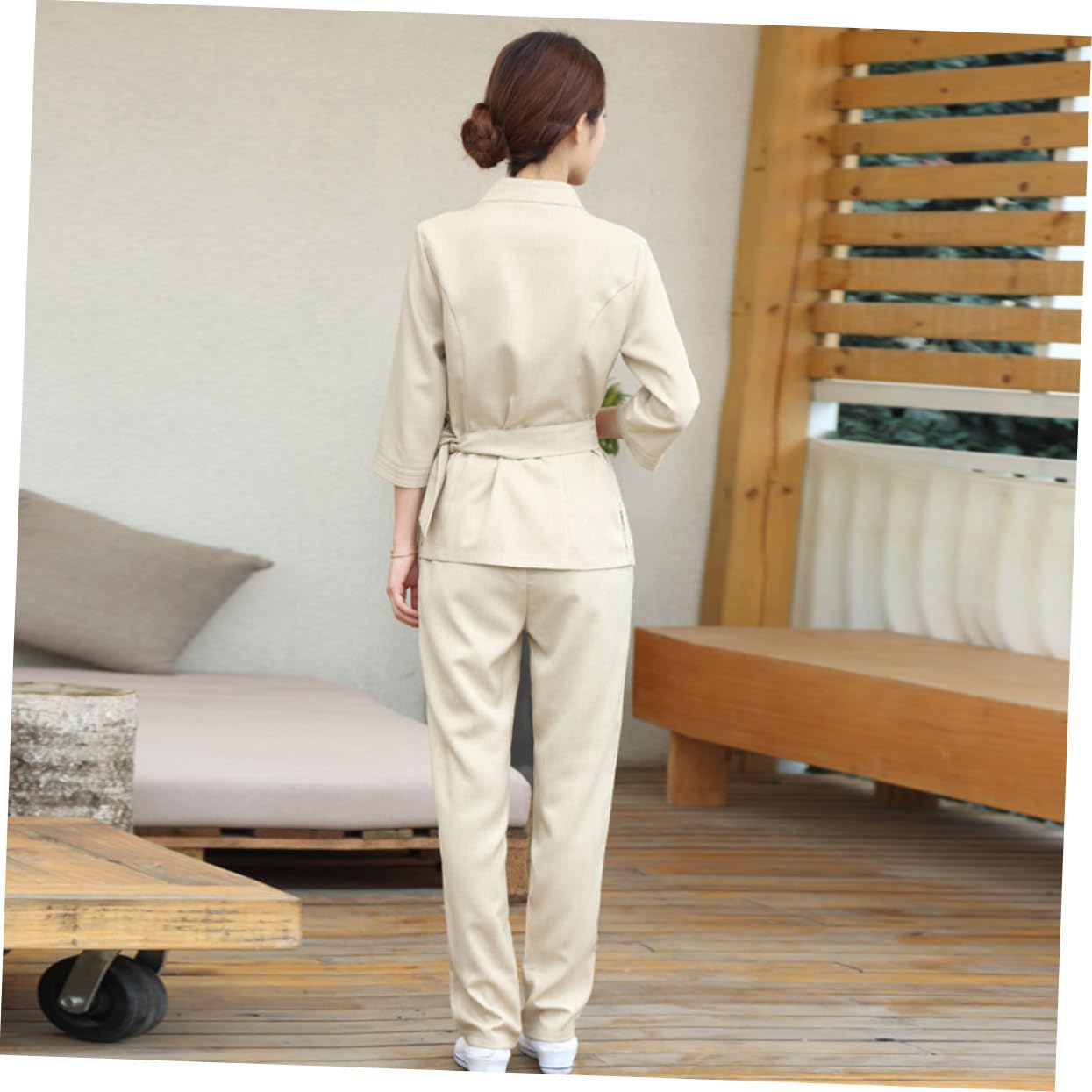 UKCOCO Mono Técnico Belleza y Uniforme Salón SPA Beige, Algodón Duradero, Diseño Ajustable, para Esteticista Mujer En SPA y Salón, Talla XXXL, Set 2 Piezas, Ropa De Trabajo Funcional