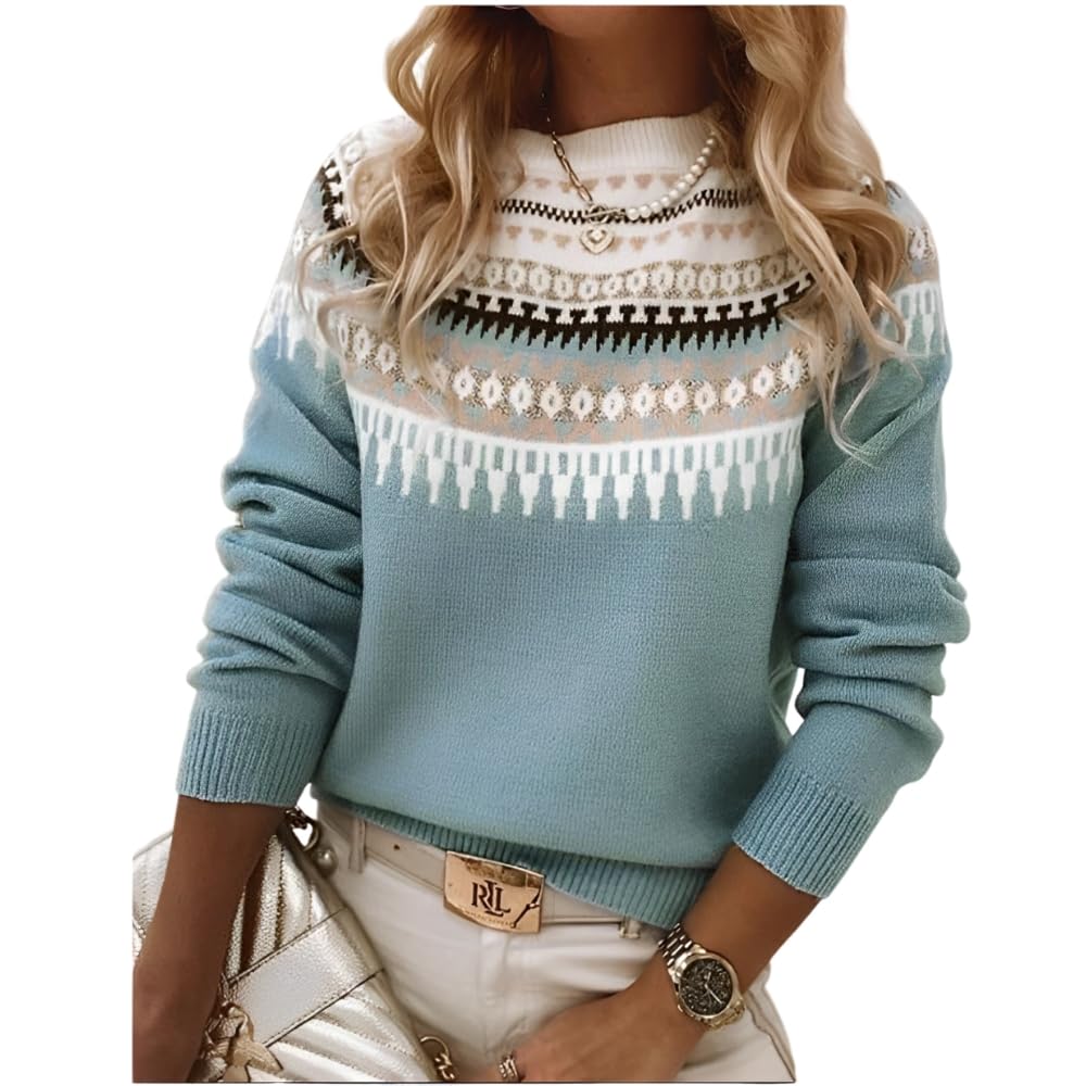 Womens Classic Fair Isle Pattern Knit Sweater 2024 Trendy Casual Loose Crewneck Long Sleeve Lightweight Jumper Tops