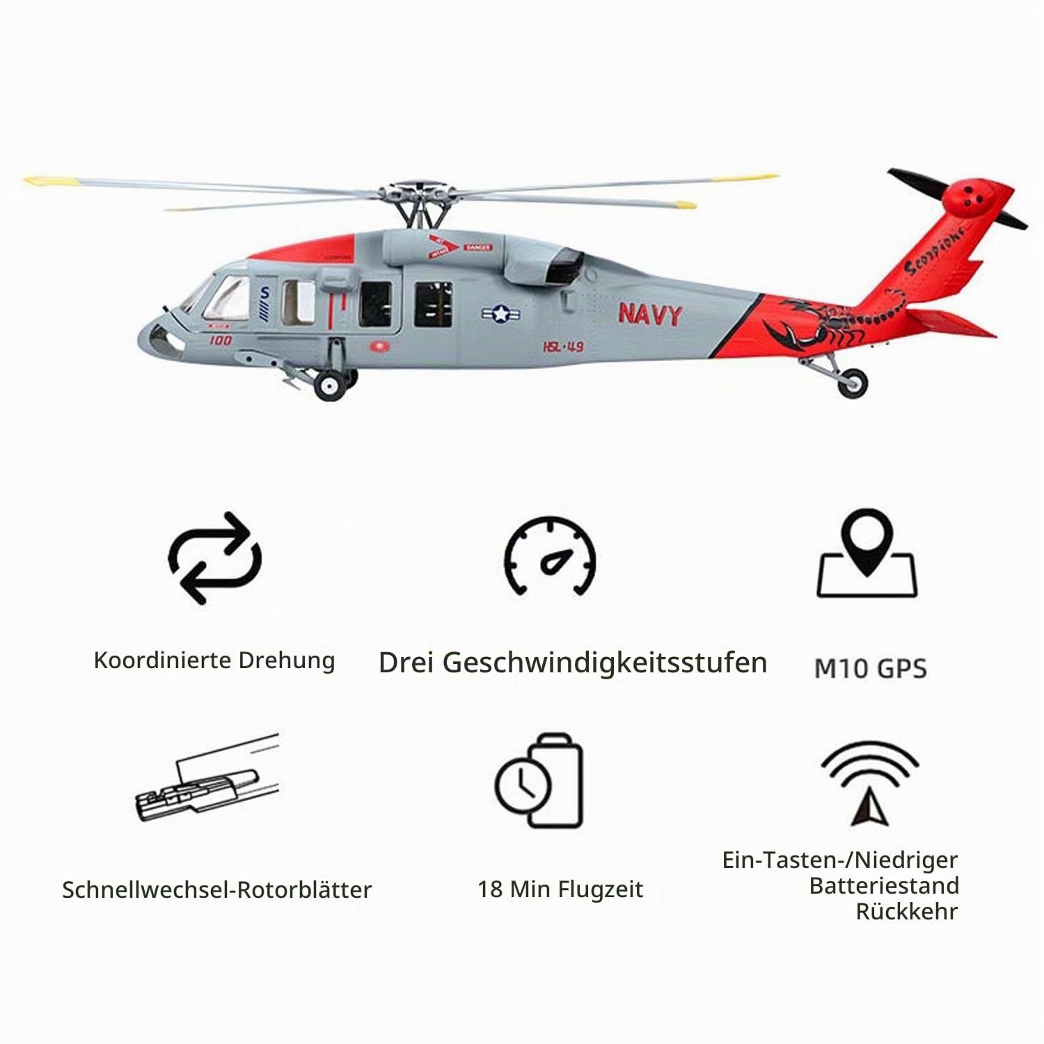 FLYWING RC-Hubschrauber MH 60R, bürstenloser Motor | 3 Fahrstufen, ATT-Flugmodus, passend für Einsteiger & Fortgeschrittene