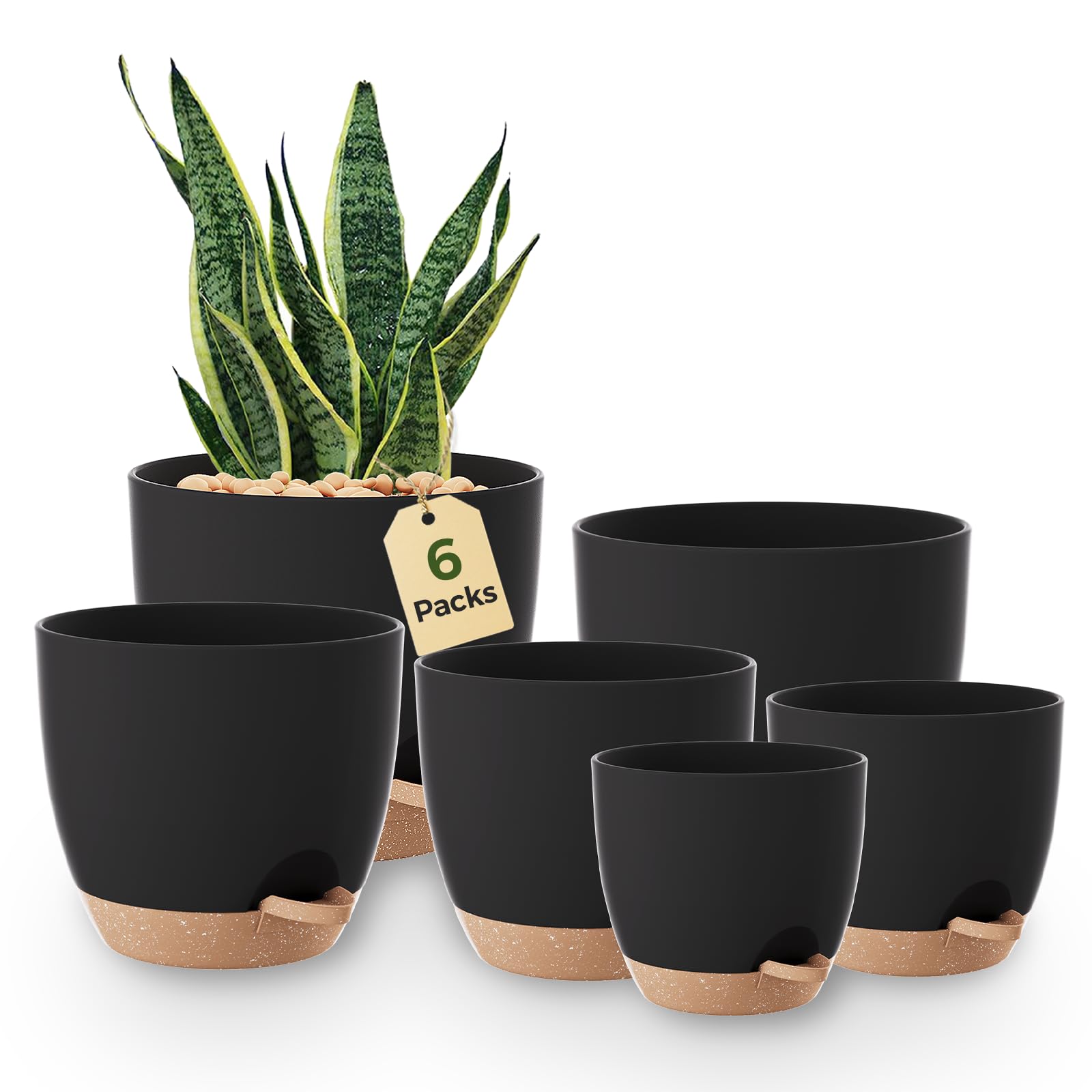 Bamworld Zestaw 6 doniczek, samonawadniające, czarne, 20,3 cm/17,8 cm/16,5 cm/15,2 cm/14 cm/12,7 cm, doniczka na rośliny z podstawką, doniczki do sadzenia, rośliny pokojowe, dekoracja na parapet
