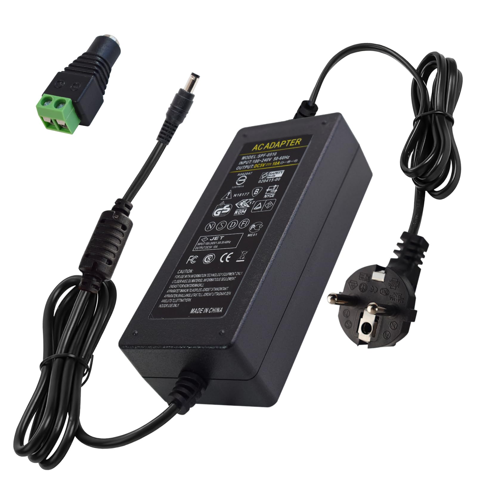 Alimentatore 5V 10A 50W, Adattatore di Alimentazione AC 100-240V a DC 5V, Trasformatore Stabilizzato con Spina UE, Interfaccia 5.5x2.5mm per Telecamere CCTV, Strisce LED, Dispositivi Elettronici