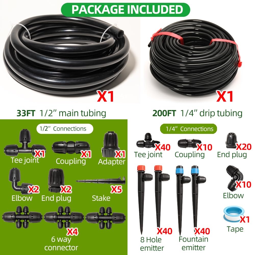 Sistema de riego por goteo de 233 pies para kit de jardín con tubería de 1/2 pulgada y 1/4 de pulgada, equipo de riego automático, accesorios con cierre, microgoteo, aspersor de abanico de 360 grados