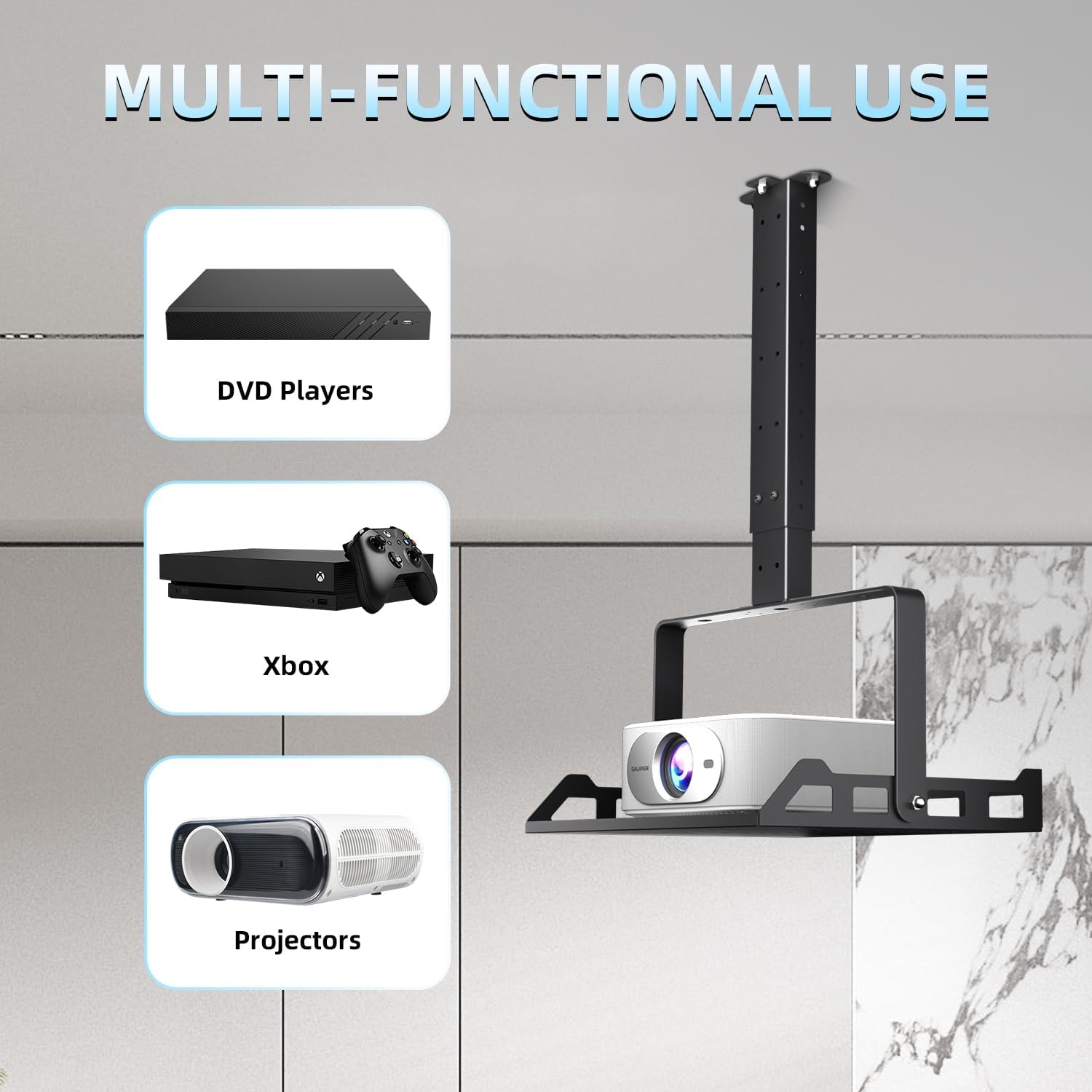 Salange 3-in-1 Projector Mount, Adjustable Height Ceiling/Wall Mount with Tray, Heavy-Duty Stand w Cable Management, Holds Up to 22 lbs, Ideal for Home Theater and Office (Black)