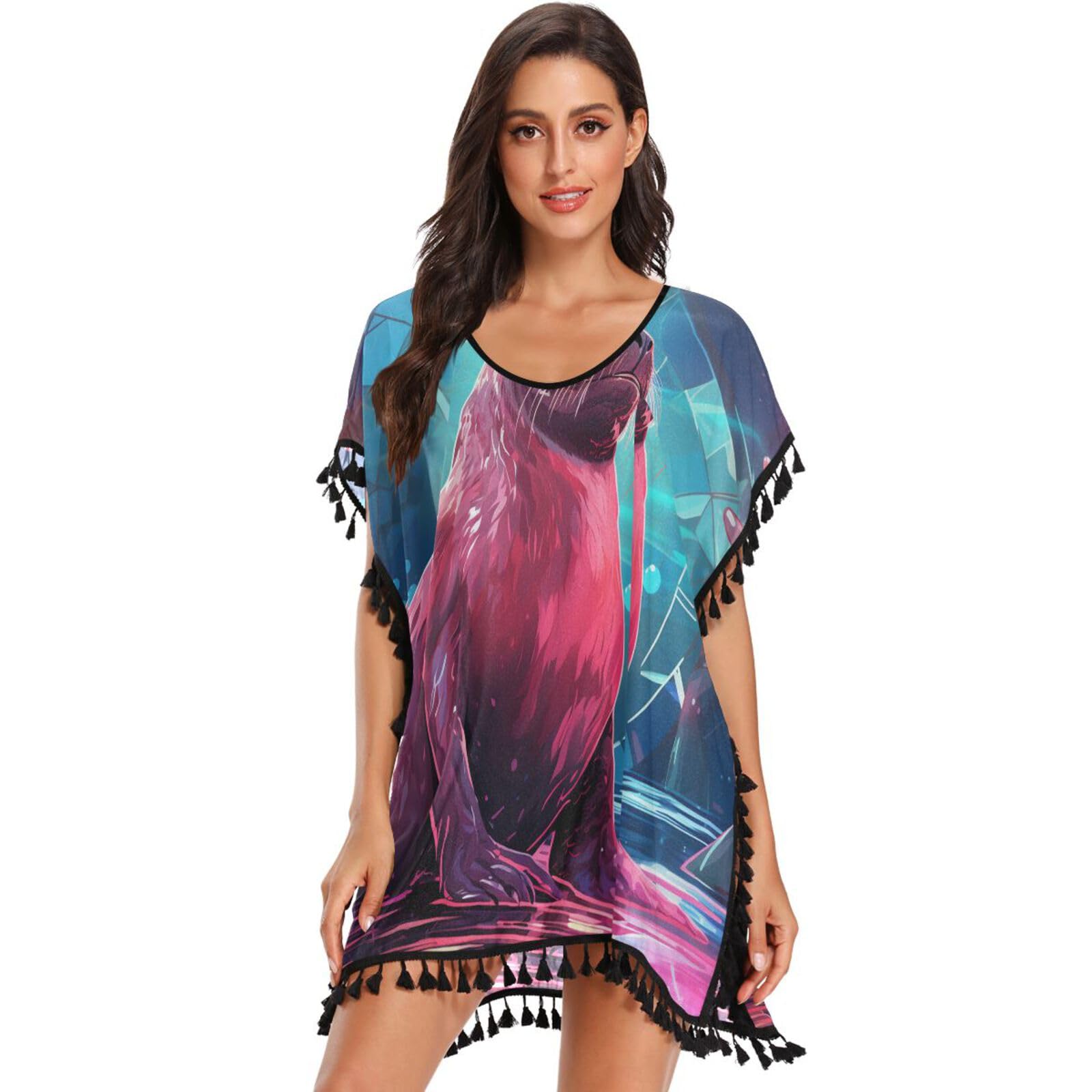 Pink Light Cool Art Sea Lion Women's Beach Cover Up Chiffon Tassel Swimwear Swimsuit Coverups for Girl