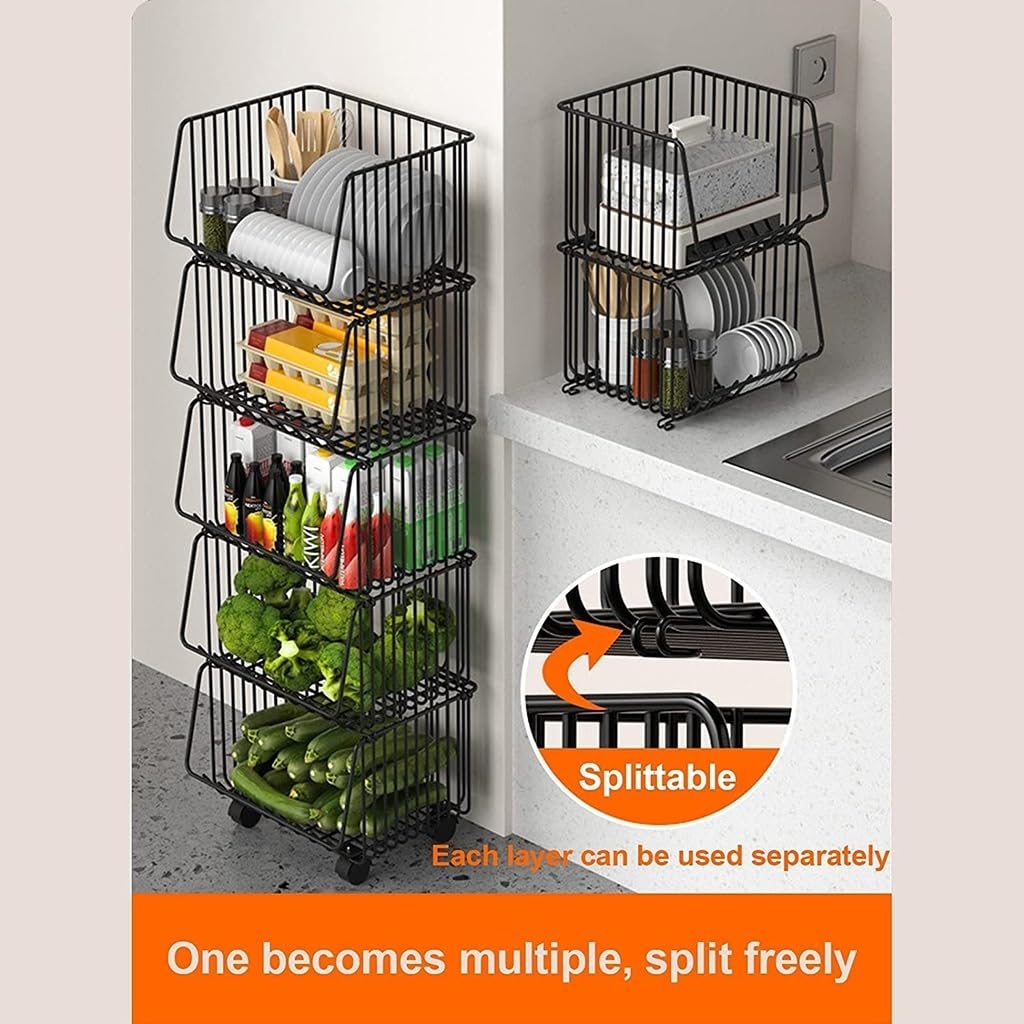 Carrito de almacenamiento de verduras de cocina, estante de frutas apilable de 5 niveles con ruedas, estante de utilidad resistente para cebollas y patatas, organizador multifuncional
