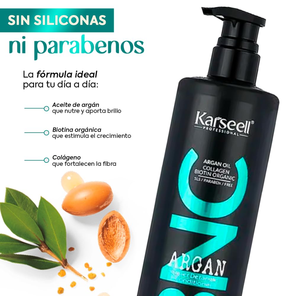 Karseell Acondicionador Profesional Nutritivo Aceite de Argán Vitamina E Hidratante Desenredante Reparador Suavidad Brillo Antifrizz Cabello Seco Dañado Teñido sin Siliconas ni Parabenos Uso Diario