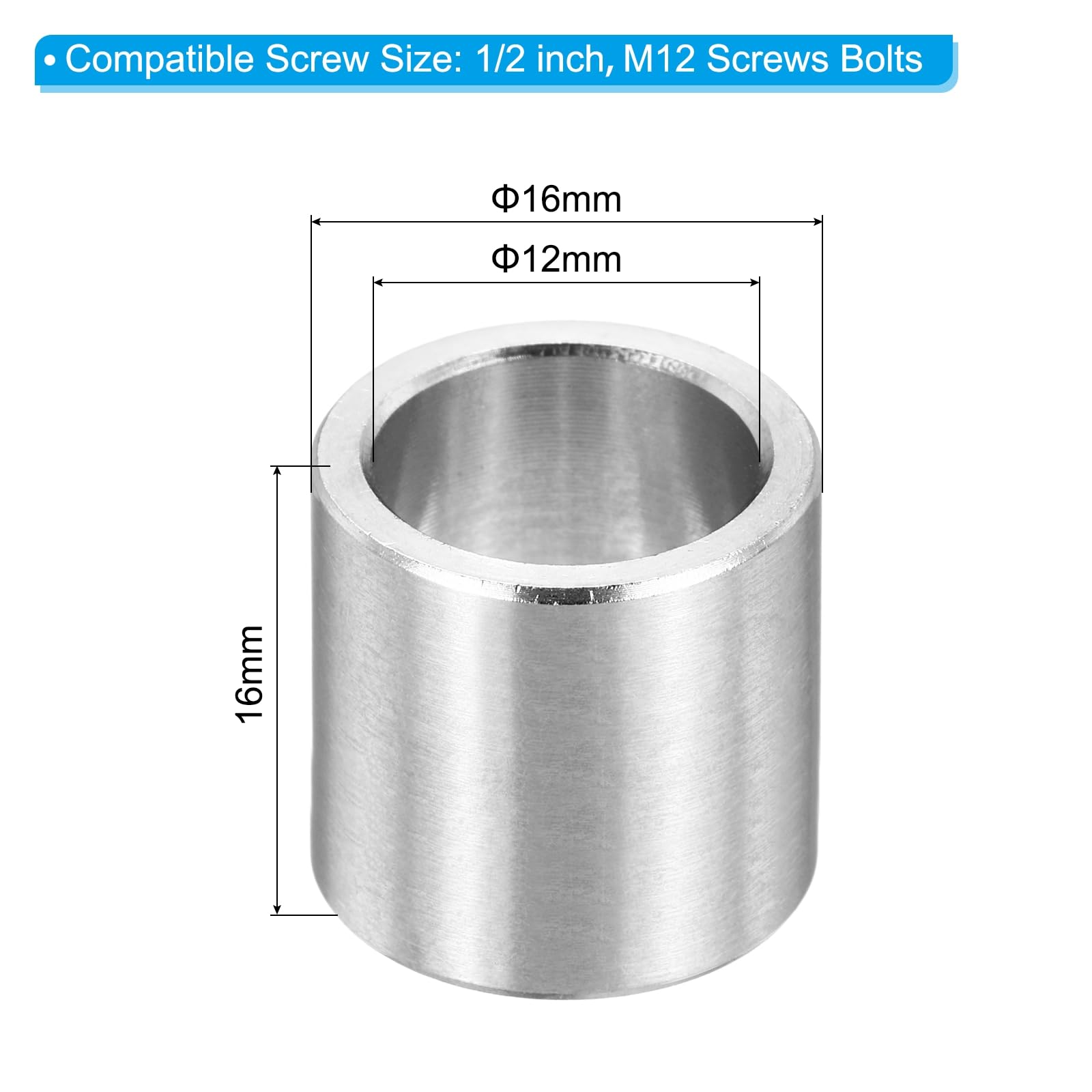 PATIKIL M12 Stainless Steel Spacers, 12Pcs Metal Spacer 12mm ID x 16mm OD x 16mm l Screw Standoff for 1/2" or M12 Screw - Image 2