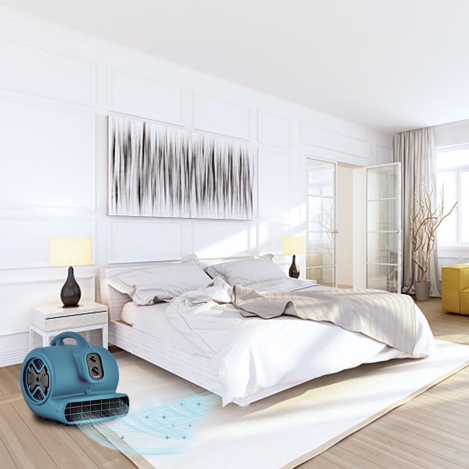 XPower Módulo centrífugo de aire, secadora de alfombras, ventilador de suelo, soplador, apilable, cadena de margaritas, para restauración de daños por agua, limpieza, fontanería, uso doméstico (azul