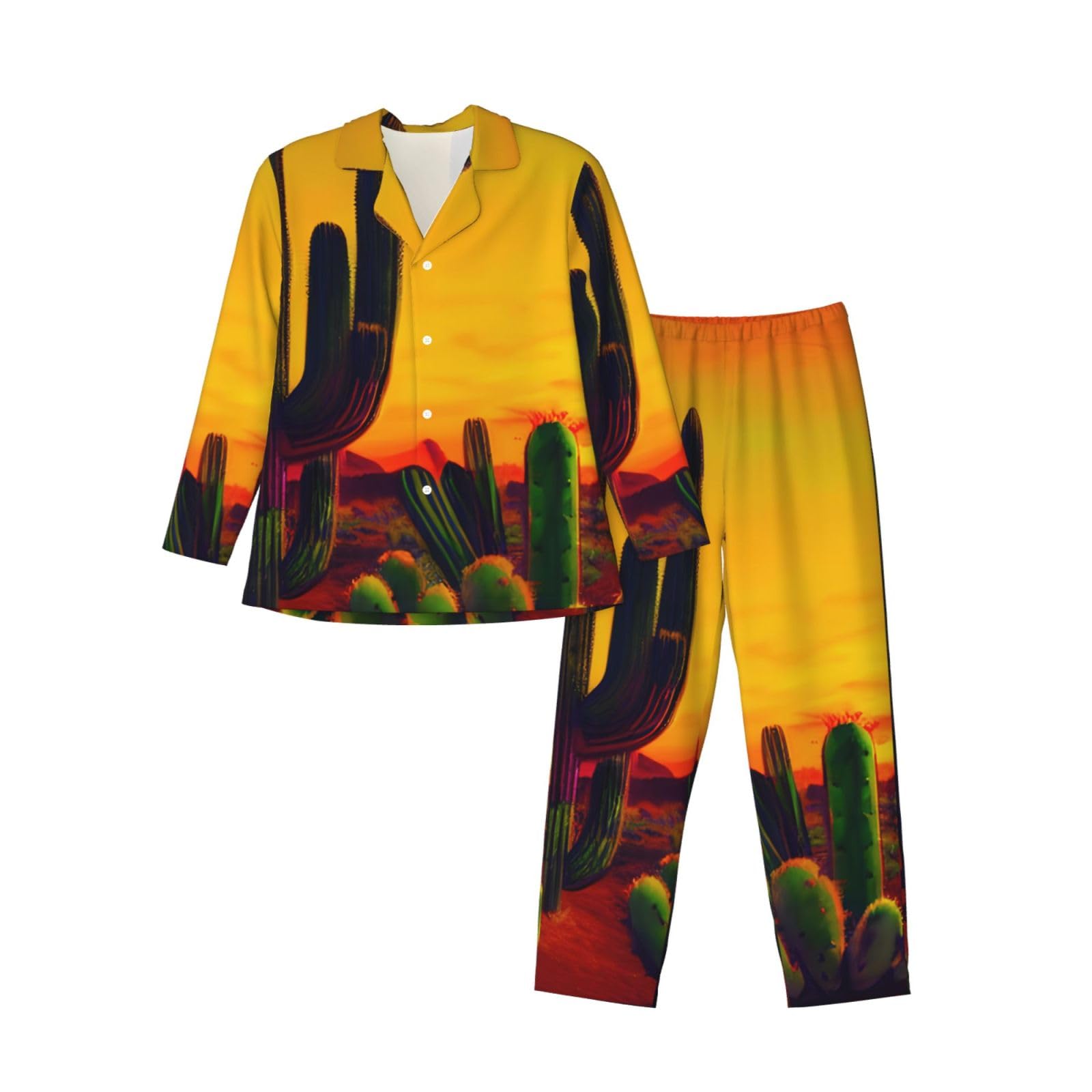 Herren-Pyjama-Set, langärmelig, Kaktus in Wüste, zweiteilig, bequem, Nachtwäsche