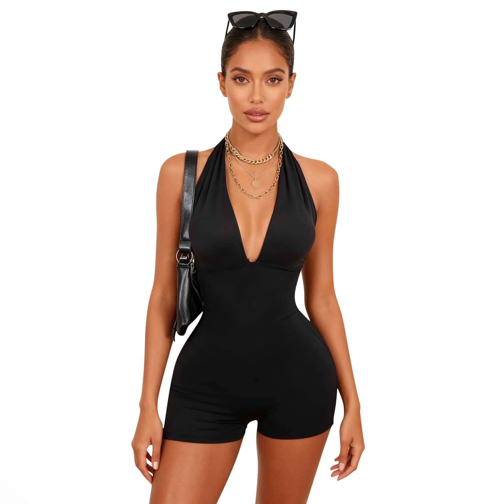 Women's Halter Neck Romper,athletic romper, Deep V-Neck, Backless with Tie Detail, Bodycon Shorts Jumpsuit Sleeveless