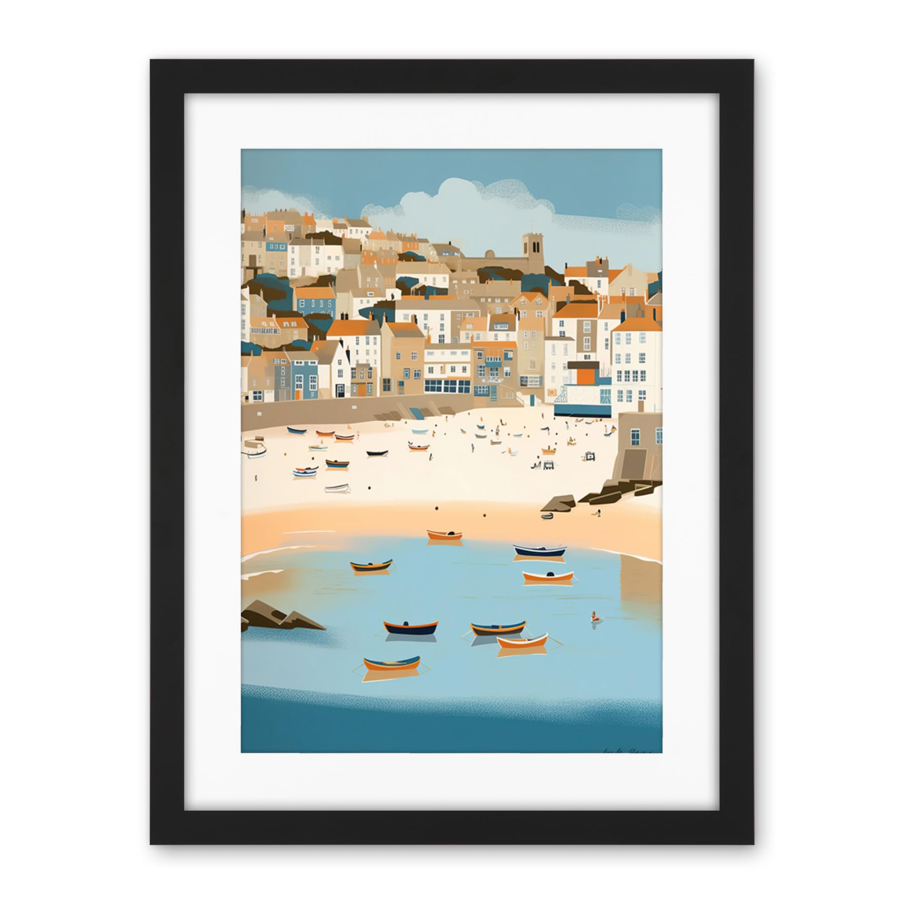 Artery8 Small Boats in St Ives Bay Coastal Cityscape Artwork Framed Wall Art Print 18X24 Inch