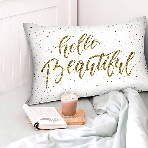 Miniatura 6 de Mugod Funda de almohada rectangular con purpurina dorada, cita motivacional, Hello Beautiful, funda de cojín decorativa para sofá de 20 x 30 pulgadas