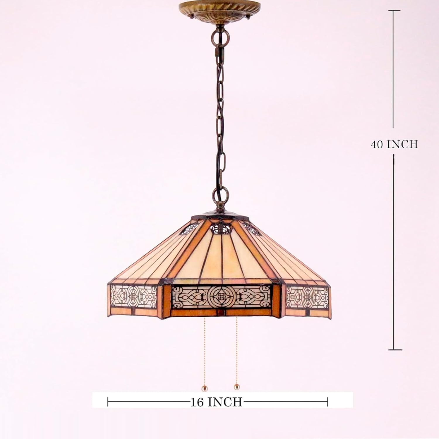 WERFACTORY Tiffany Pendant Light Fixture Yellow Hexagon Stained Glass Mission Hanging Lamp Wide 16 Inch, Height 40 Inch S011 Series