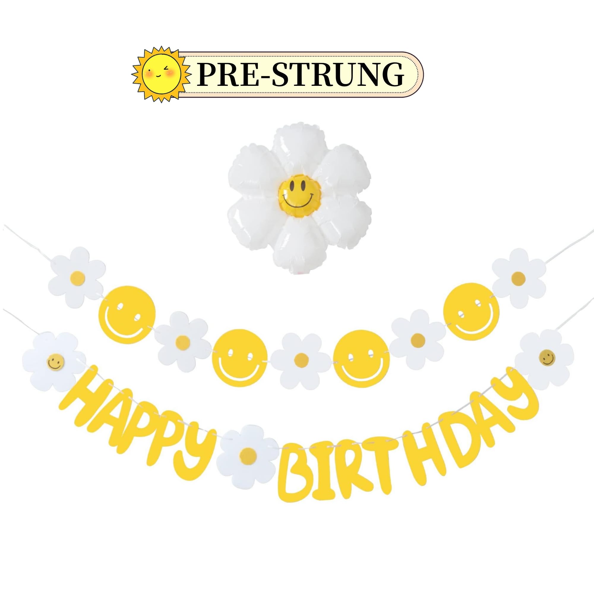 Pre-Strung Happy Birthday Banner, NO DIY Daisy Birthday Banner with Daisy Balloon, Felt Smiley Face Birthday Banner, for Girls Women Birthday Party Decorations Baby Shower Decorations