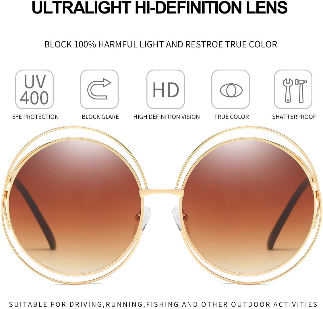 Dollger Metal Double Circle Wire Frame Oversized Round Sunglasses for Women