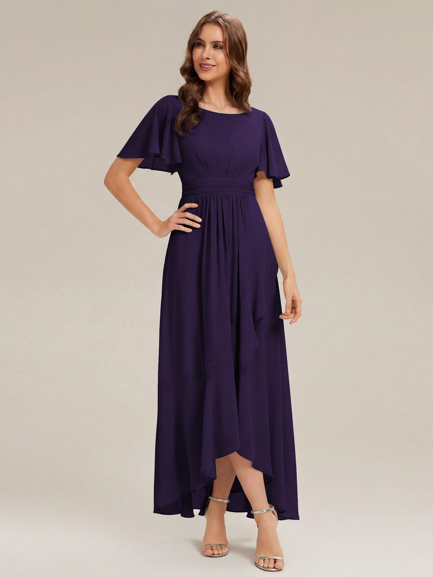 Ever-Pretty Robes de Demoiselle d'honneur Col Ronde Manches Courtes Mousseline High-Low Ourlet asymétrique ES02708