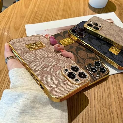 Designer Case For Iphone 12 Pro Max 6.7 Inch, Luxury Brand Gold Plate Rim Classic Pattern Leather Back Bling Golden Metal Nameplate, Camera Protection Cover, Non Slip Shockproof Protective, Khaki #TOP3