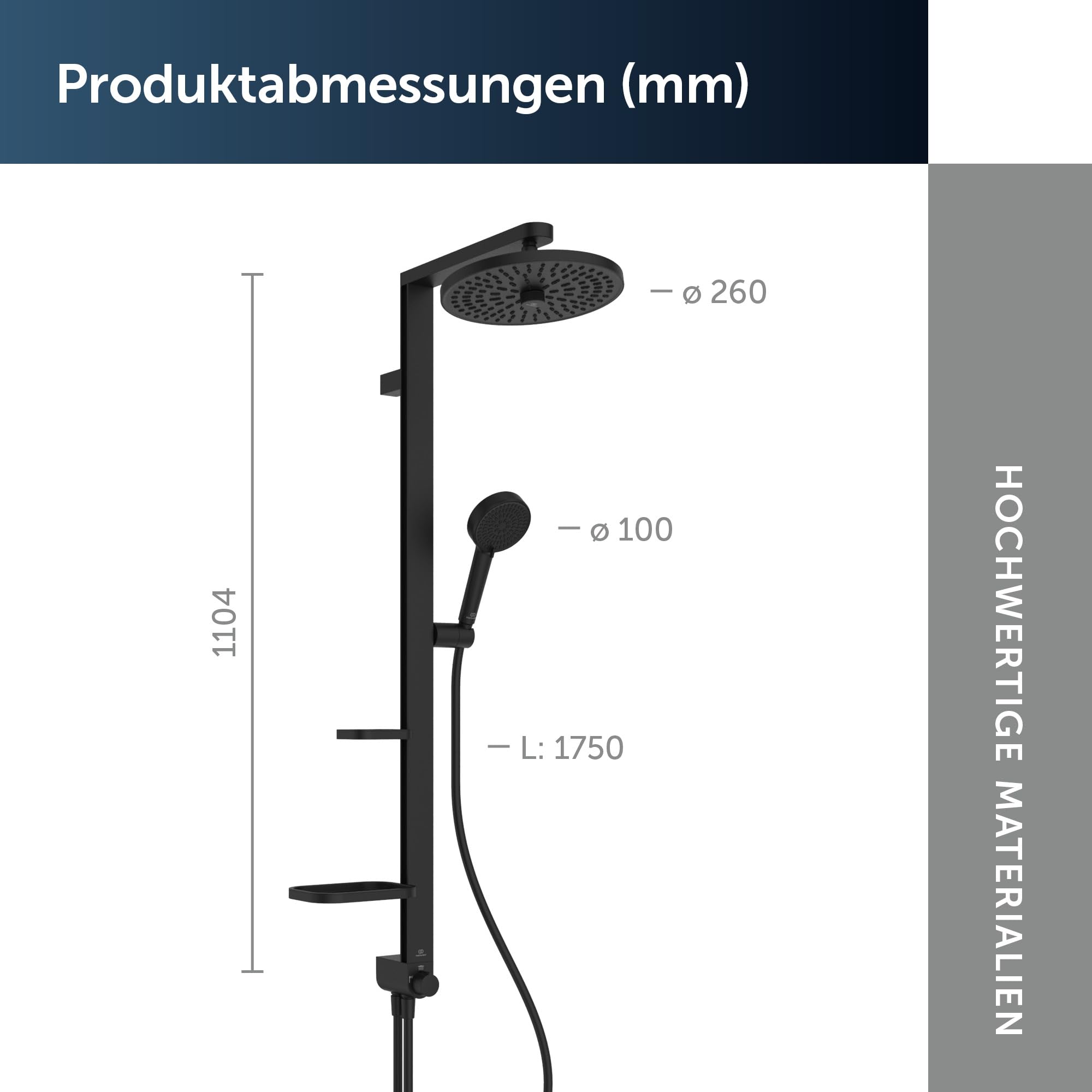 Ideal Standard Ceratwist Alu+ Duschsystem, hergestellt aus 100% recyceltem Aluminium, Wassersparende Brause mit variablen Strahlarten – Schwarz Matt (338x501x1104 mm)