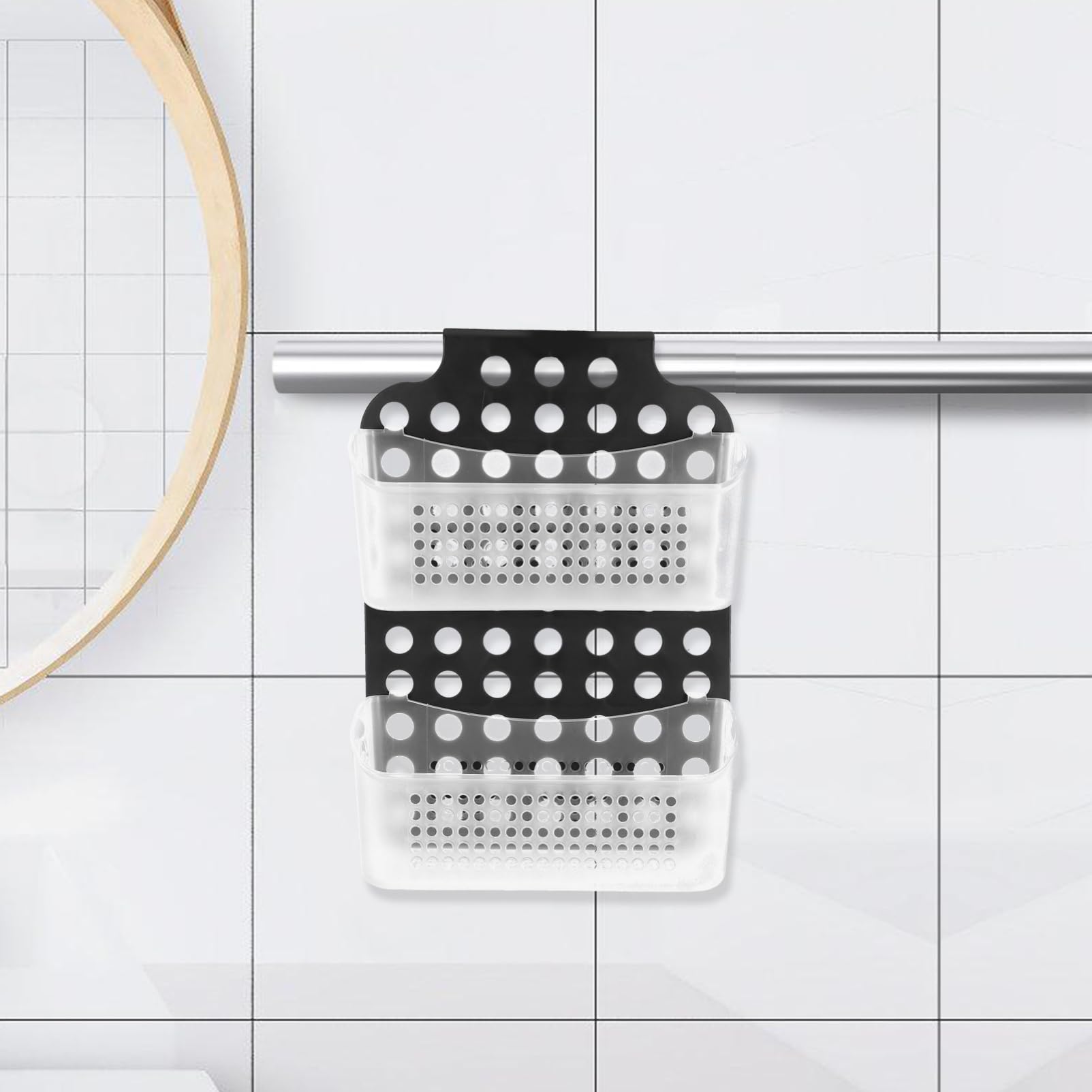 Cestino Doccia Appeso a Doppio Strato in Pp Nero, senza Foratura | Ganci Multifunzione Integrati, Design Semplice e Moderno, Soluzione Pratica per Bagno e Toilette