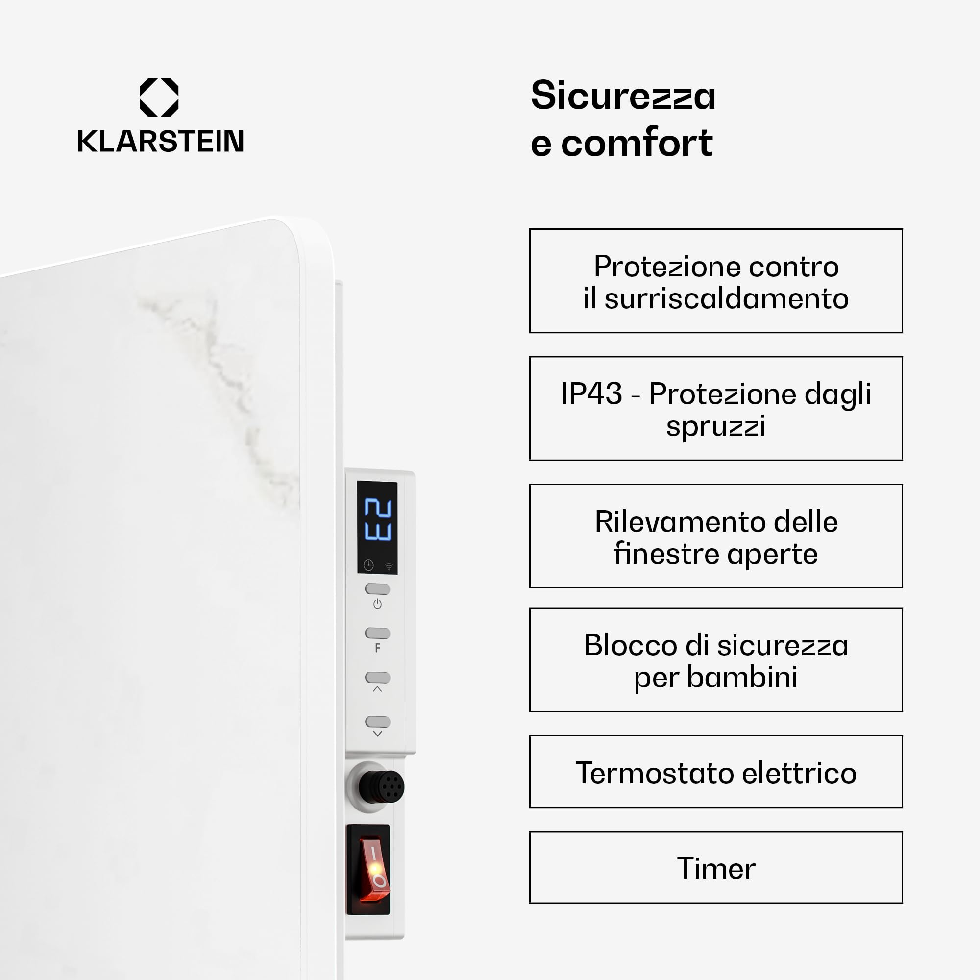 Klarstein Pannelli Radianti Infrarossi 600W – Parete o Indipendente, WiFi, Termostato, Timer, Sicurezza Bambini, IP43, Design Marmo, Riscaldamento a Infrarossi 12m², Bianco